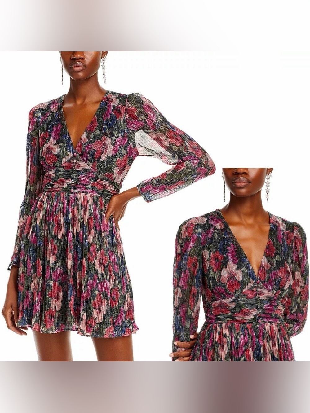 Aqua Floral V-Neck Pleated Mini Dress